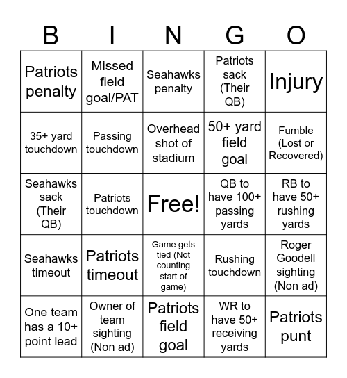 Super Bowl LX Bingo (Game) Bingo Card