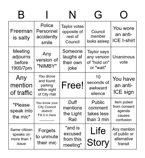 Mesa City Council Bingo Card