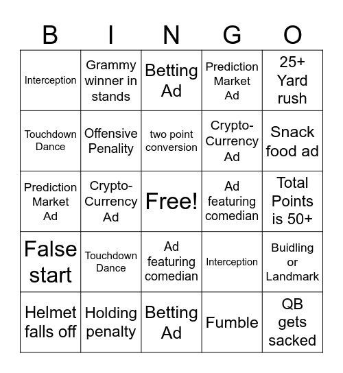 SUPER BOWL LX Bingo Card