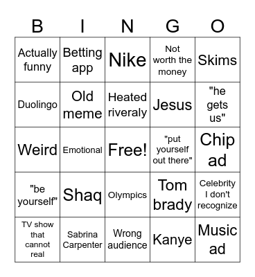 Superbowl ad bingo Card