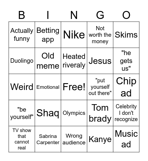 Superbowl ad bingo Card