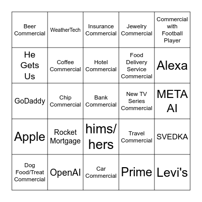 Super Bowl Bingo Card