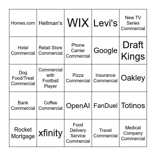 Super Bowl Bingo Card