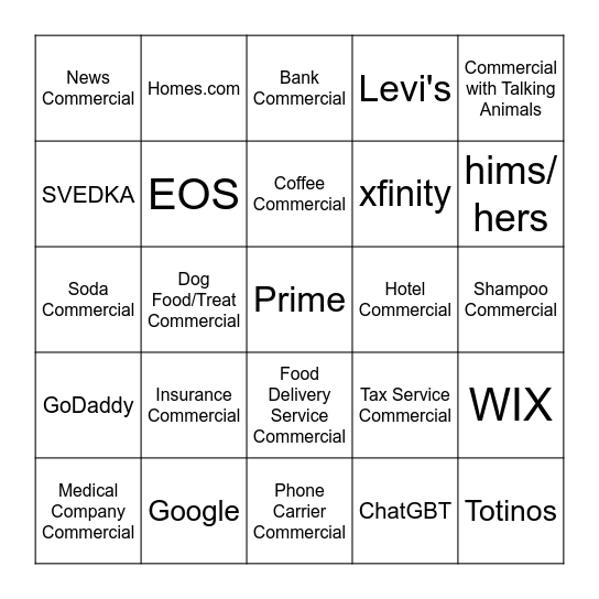 Super Bowl Bingo Card