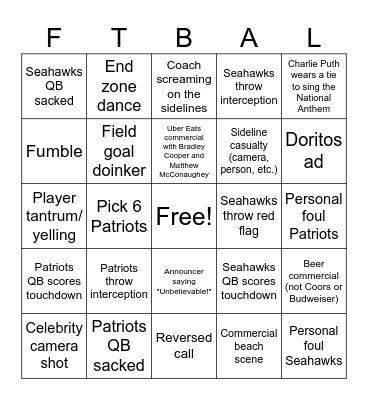 Superbowl LX (Seahawks vs. Patriots) Bingo Card