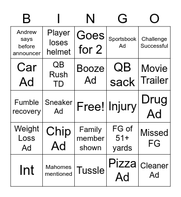 Super Bowl LX Bingo Card