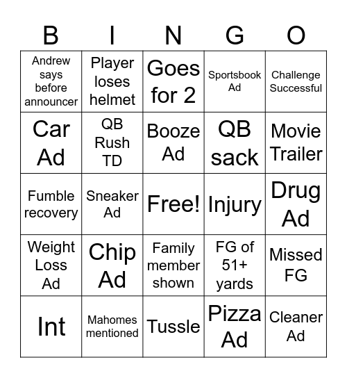 Super Bowl LX Bingo Card
