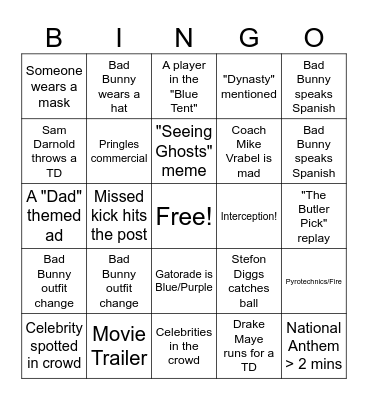 Super Bowl Prop Bet Bingo Card