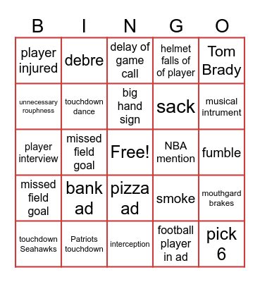 Super bowl Patriots v. Seahawks Bingo Card
