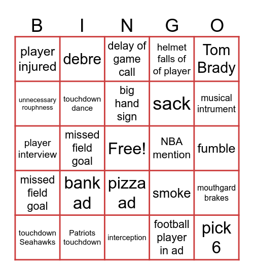 Super bowl Patriots v. Seahawks Bingo Card