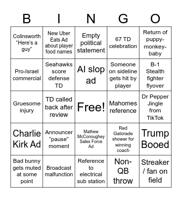 Super Bowl Bingo Card