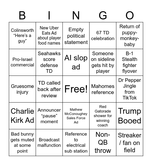 Super Bowl Bingo Card