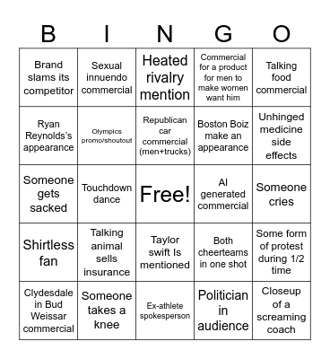 Super Bowl Bingo Card