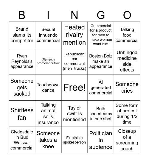 Super Bowl Bingo Card