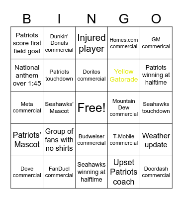 Super Bowl Bingo Card