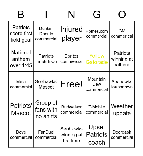 Super Bowl Bingo Card