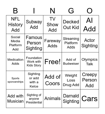 NFL 60 Superbowl Game Bingo Card