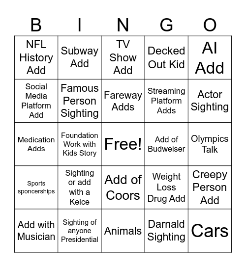 NFL 60 Superbowl Game Bingo Card