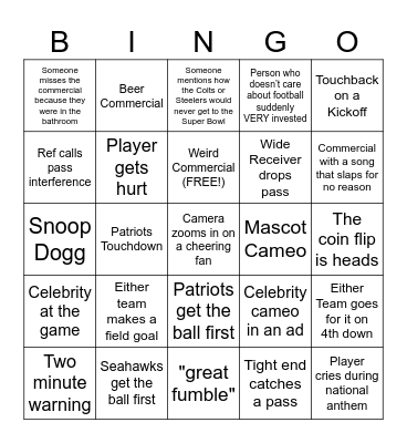 Super Bowl Bingo Card
