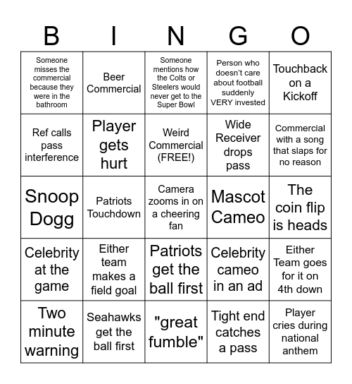Super Bowl Bingo Card