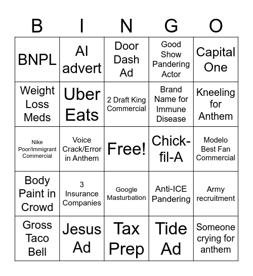 Super Bowl Bingo Card