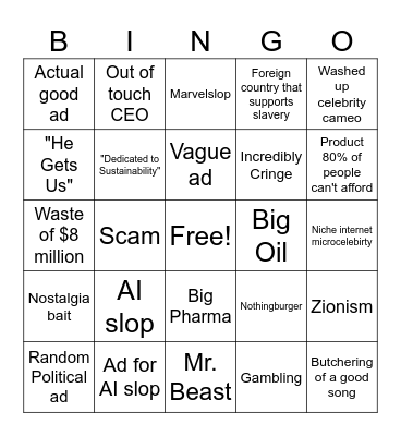 Slop Bowl Ads Bingo Card