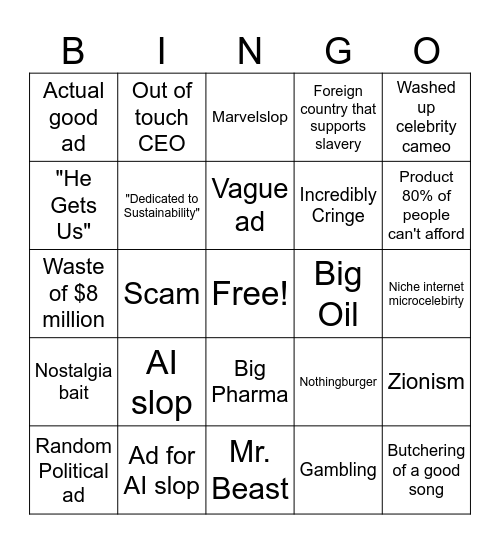 Slop Bowl Ads Bingo Card