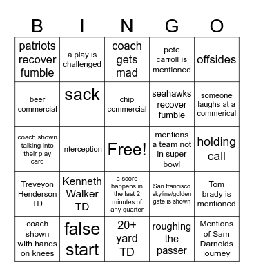 Super Bowl Bingo Card