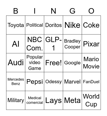 Superbowl Commercials Bingo Card
