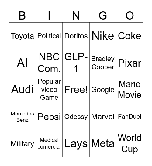 Superbowl Commercials Bingo Card