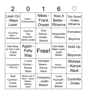 Justin Bieber and other bangers from the best year ever Bingo Card