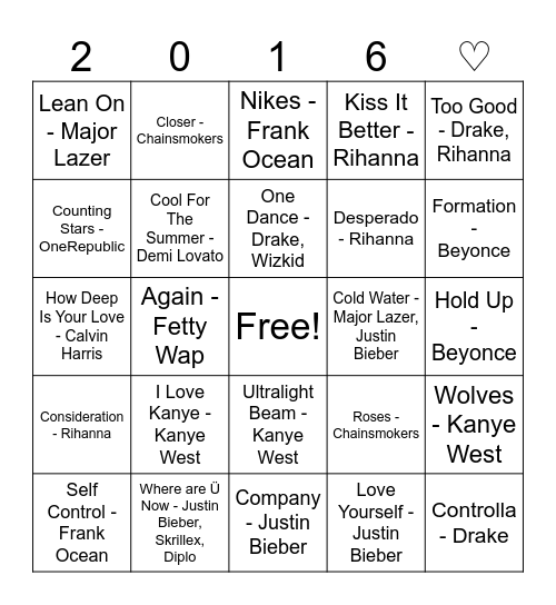 Justin Bieber and other bangers from the best year ever Bingo Card