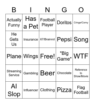 Super Bowl LX Commercial Bingo Card