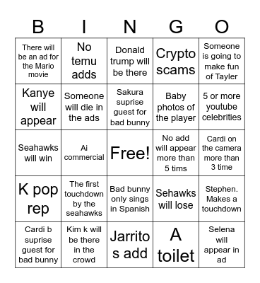 Super bowl prediction Bingo Card