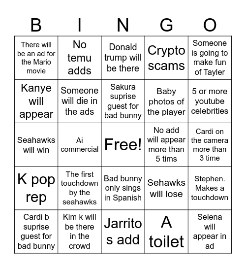 Super bowl prediction Bingo Card