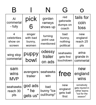 super bowl 2026 Bingo Card