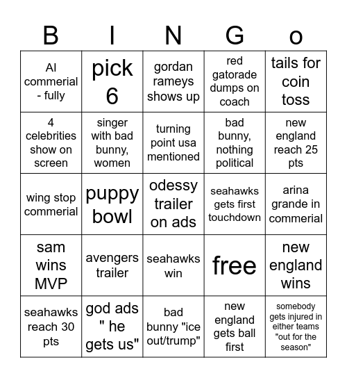 super bowl 2026 Bingo Card