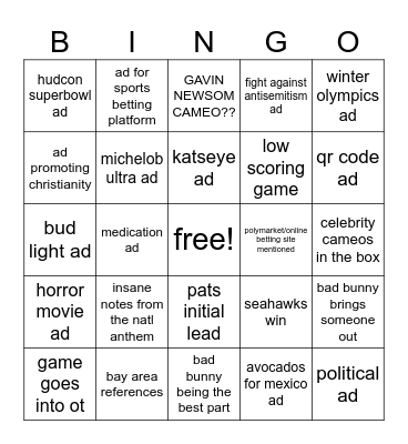 superbowl 2026 Bingo Card