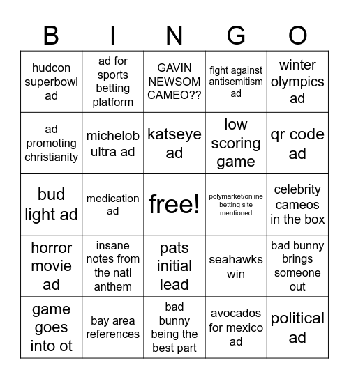 superbowl 2026 Bingo Card