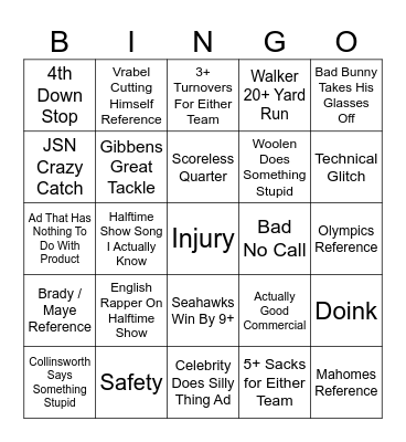 Super Bowl Bingo Card