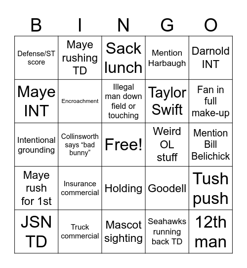 Super Bowl Bingo Card