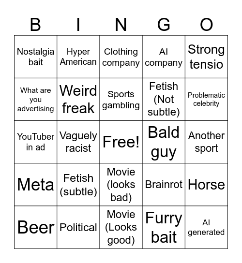 Superbowl Ad Bingo Card