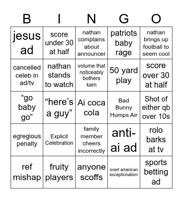 Superbowl Bingo Card