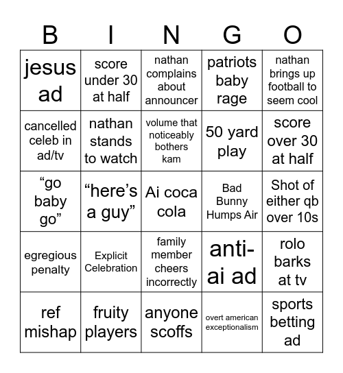 Superbowl Bingo Card