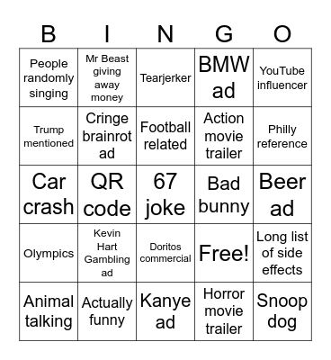 Super Bowl Commercials Bingo Card