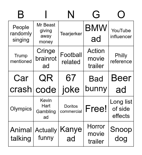 Super Bowl Commercials Bingo Card