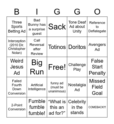 THE BIG GAME 2026 Bingo Card