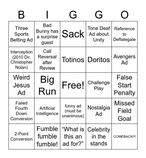 THE BIG GAME 2026 Bingo Card