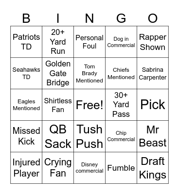 Superbowl Bingo Card
