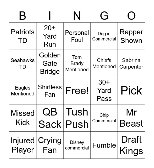 Superbowl Bingo Card